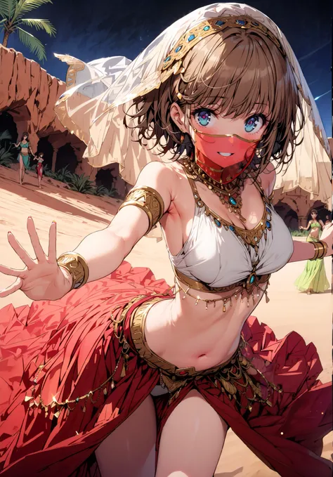  score_9,  score_8_up,  score_7_up,  source_anime, Tomoe Koga,  short hair, brown hair,  blue eyes, smile,blush,hair clips,Arabian clothing,  dancer , mouth Veil, belly Dancing, Veil, armlet,,  desert,  oasis, palm tree, Bare legs,water,  stage,Dancing,nig...