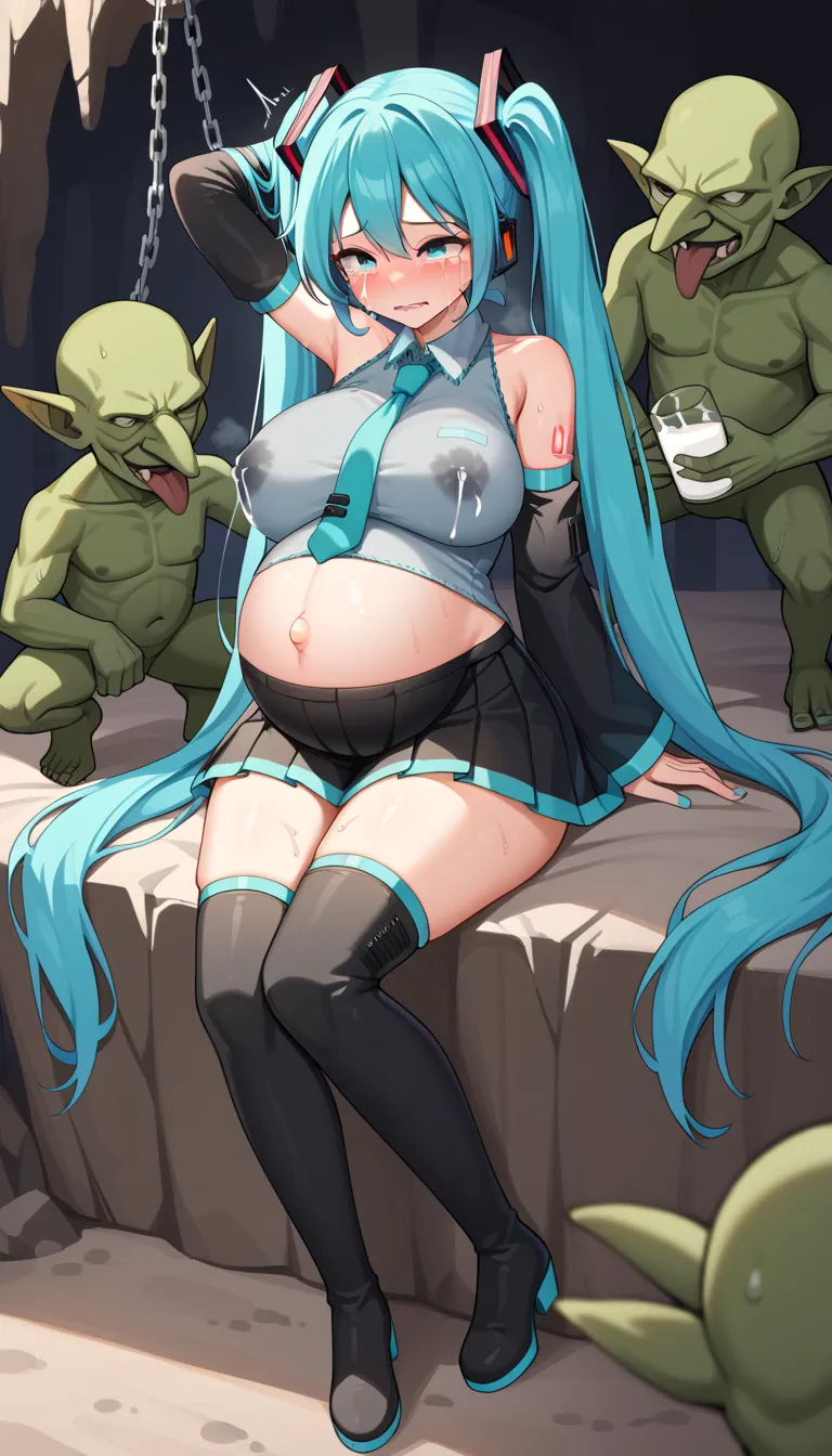 master piece,  1girl , Hatsune Miku(Collar with chain)(crying:1.4)Facial,(steam:1.1),(trembling:1.1),(sweat:1.1)(large breasts:1),(cave:1.0) (3goblin rider:1) grab breatests,( breast milk：1.1) (Pregnant women:1.2)
black footwear, black skirt, black sleeves...