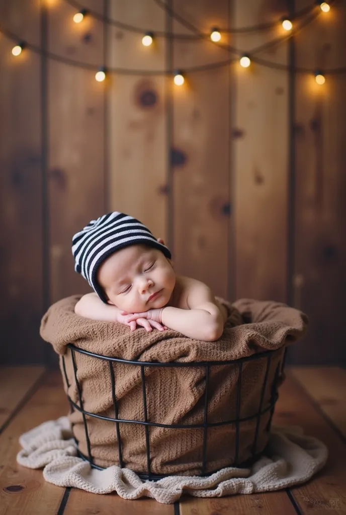 a sleeping baby resting peacefully inside a cozy basket. The baby is wrapped in a soft, brown blanket and is wearing a black-and-white striped beanie. The background features warm wooden panels adorned with soft, glowing string lights, creating a warm and ...