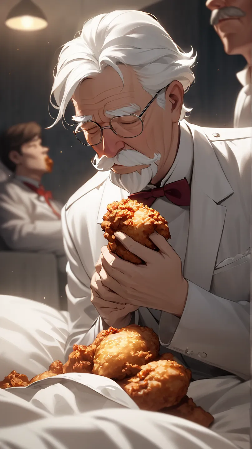 Colonel Sanders raids , Knock down a thug xCreate a photo of a person lying in bed sleeping soundly and shove fried chicken in his mouth(( blurred motion:1.8,   Matte background ))