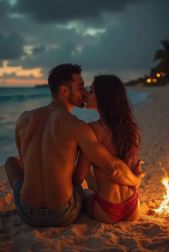 Create a large realistic post of a brown gangster couple on a paradisiacal beach having fun hugging each other sitting between their legs defined body healed and full belly six-pack handsome brown man shirtless short black hair kissing beautiful brunette w...