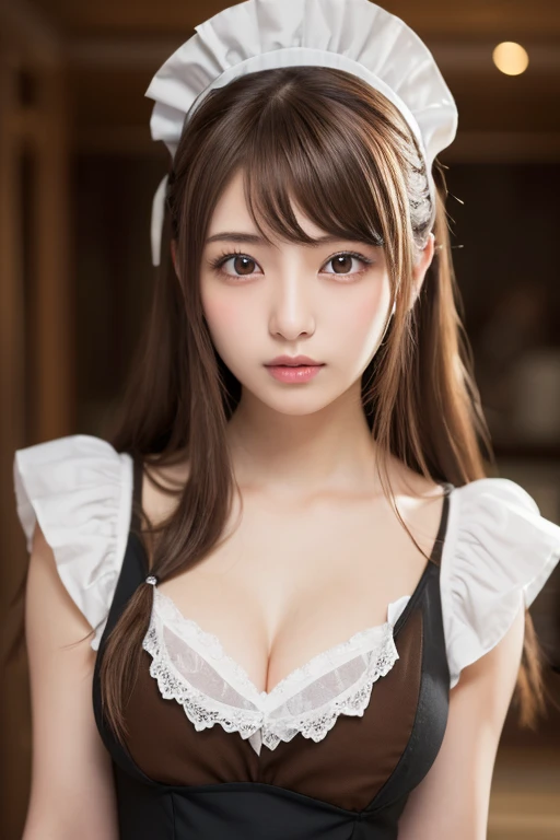 highest quality, masterpiece, 8k, Ultra-high resolution, (Realistic: 1.4), 1 girl, Beautiful Face, Symmetrical eyes, big, Perfect Body Proportions, ((Long Hair))、((Brown Hair:1.5)), Maid、((ゴスロリ風Maid服:1.4)), Viewer&#39;sight, ((Coffee shop、Blurred Backgroun...