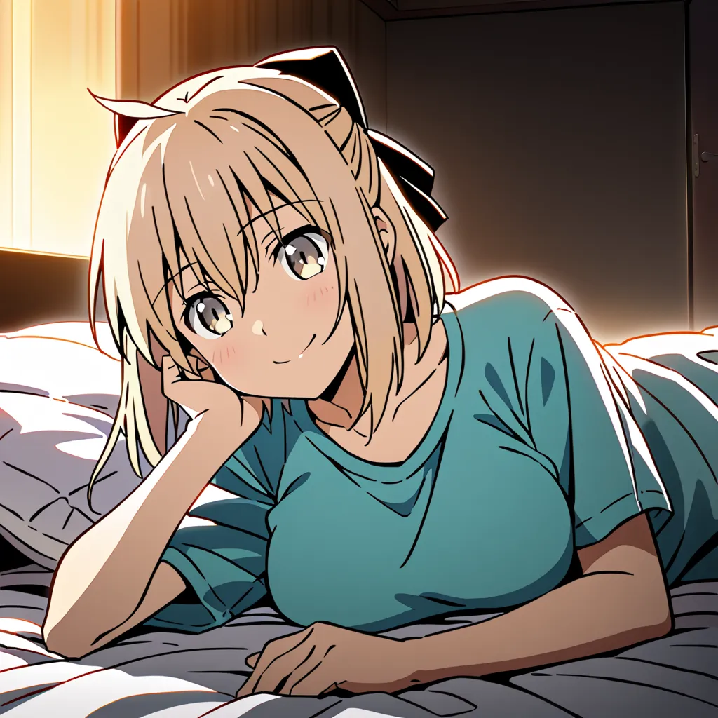 Okita Souji, medium breasts ,  smile,  from the front, lie on cama, Alone , Masterpiece, t-shirt, animated,  showing armpit