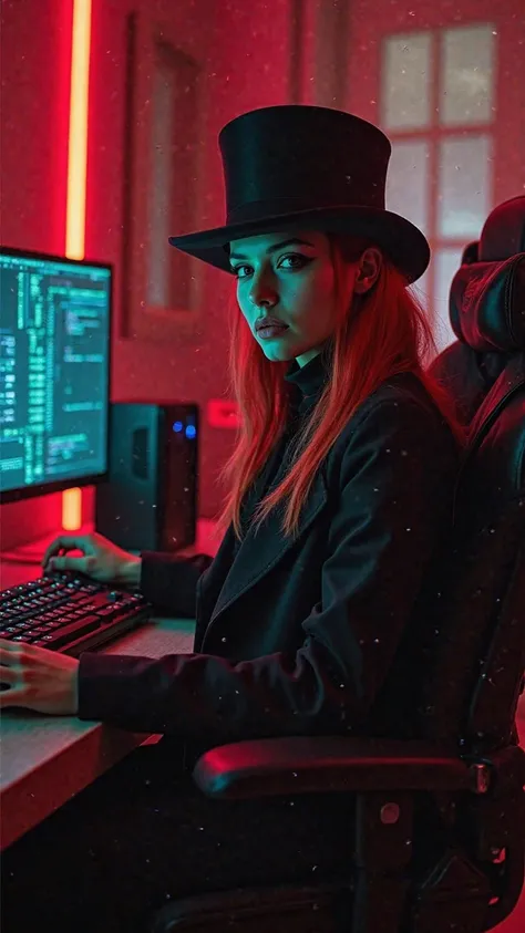 
"a hacker , enigmatic, in cyberpunk style from the years 2025, inspired by the character Neo from Matrix. She is wearing a long elegant black overcoat and a top hat, with hair falling down to the shoulders neon RED. He is holding a STATE-OF-THE-ART COMPUT...