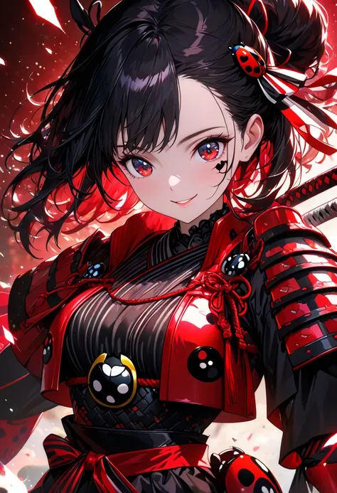 (((Woman, Samurai, Japanese Armor, Red Armor with Black Markings, Smiling Face))), ((Ladybug Samurai/Samurai Hybrid Outfit, Vibrant Red and Black Two-Block Color Design, Shiny Satin and Tulle Fabric, (Red and Black Striped Cropped Jacket), Red and Black St...