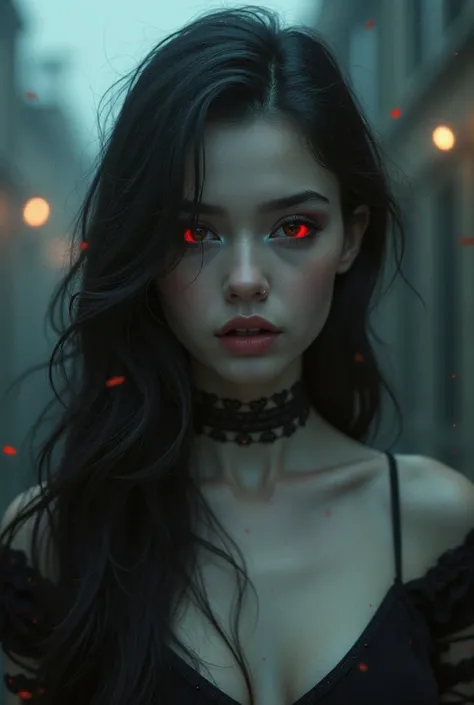 The face of a young woman, Very clean skin,  long black hair,  black eyes, but with a reddish glow, people and structures , with their vampire fangs showing up 