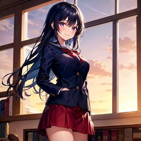 A high school girl with long, dark blue hair and purple eyes is returning books at a library during sunset. She's wearing a sailor uniform with a navy blazer, a red skirt, and a red ribbon. Her expression is warm and smiling, creating a serene and beautifu...