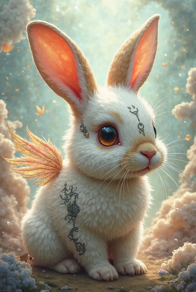 A baby rabbit with brown eyes, with delicate wings and with Snake Bites tattoos and piercings