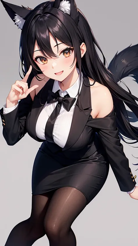 sexy older sister in a black business suit wearing a black tie　　 　　I'm wearing a black tie　black pencil skirt　Brown tights　A radiant smile　 Hi-Res　 high image quality　Fox ears