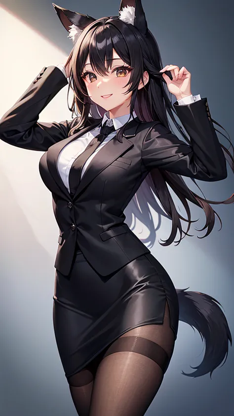 sexy older sister in a black business suit wearing a black tie　　 　　I'm wearing a black tie　black pencil skirt　Brown tights　A radiant smile　 Hi-Res　 high image quality　Fox ears