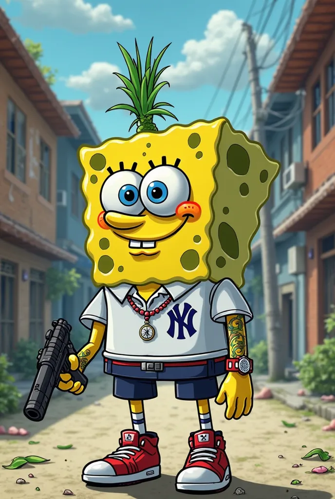 Create me a profile picture from the waist up of Patricio from SpongeBob animated with a joint in the shape of a cross , NY Yankees t-shirt , Shooting a Glock17,a Rolex , arm tattooed with tribal , a pink rosary necklace and an Air Jordan4 sneakers(against...