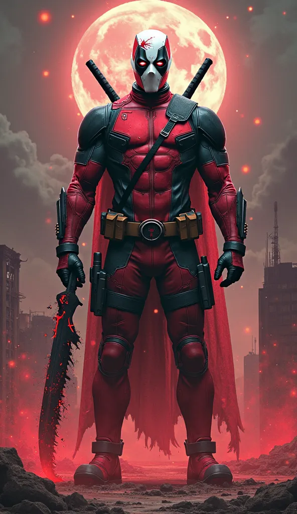 Prompt: "Deadpool and Ghostface fuse into a breathtaking, powerful, and epic creature, blending both their unique characteristics in a dramatic, awe-inspiring way. The creature’s form stands tall and imposing, wearing an intricately designed suit that merg...