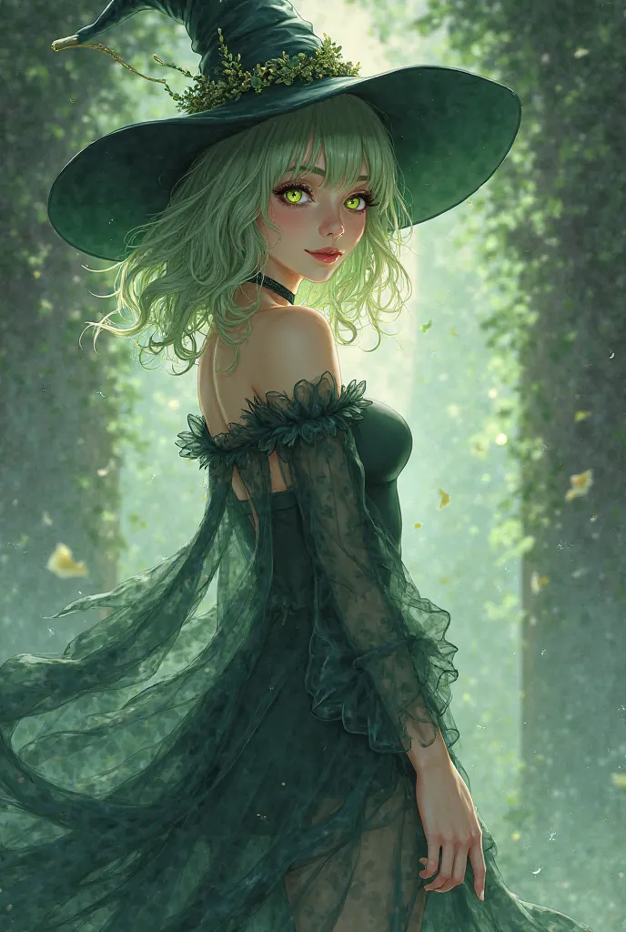 top quality, masterpiece,Perfect face,top quality,is cute, beautiful girl, light green hair, bangs, medium length hair,yellow-green eyes,alone,witch hat, wizard,T cup boobs,Genuine manga characters