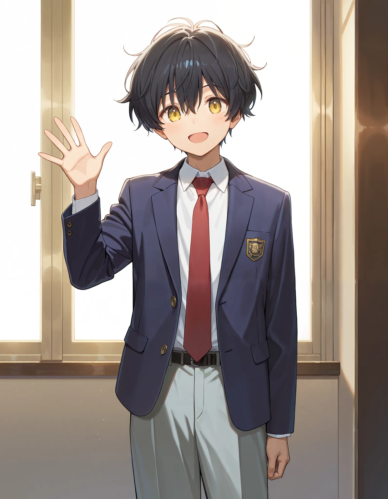 Hd, masterpiece, best quality, highres,2d, anime, 1boy, cute boy, tall body,yellow eyes, black hair, Messy hair, fullbody, wearing white collared shirt, red necktie, dark blue blazer, opened jacket, gray trousers, smile, standing, waving hands, opened mout...