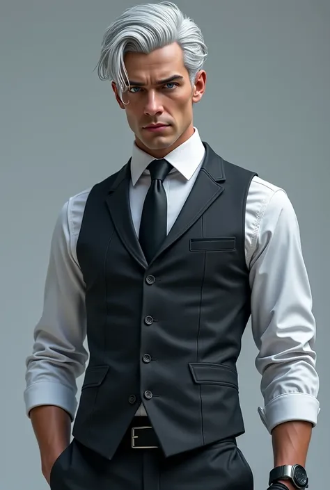 Hair: Slicked-back silver-white hair with a few loose strands falling over his forehead.

Eyes: Piercing icy-blue eyes that always look calculating and unreadable.

Build: Tall and lean with a refined, almost aristocratic posture. His movements are precise...