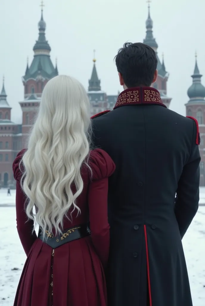  A woman with her back ( She has white hair and her hair is wavy and straight ) She is standing in front of the Winter Castle in Russia, She wears a dark red dress, a dress fit for a queen, And next to her a strong tall black-haired man, with an elegant su...