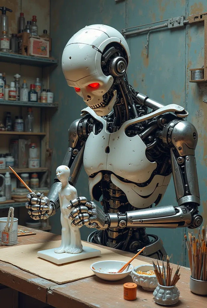 Terminator painting a porcelain figure in a paint shop