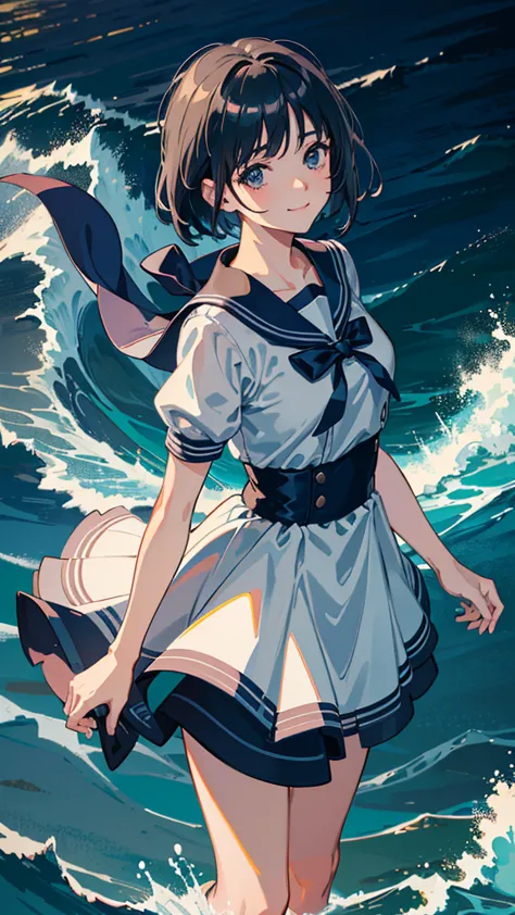 anime、masterpiece, Highest quality, Hi-Res,Smiling high school girl with short middle hair in a dark blue wave、light grey sailor suit、Smiling high school girl with short middle hair in a dark blue wave with a large gray ribbon on her chest、gray miniskirt、b...