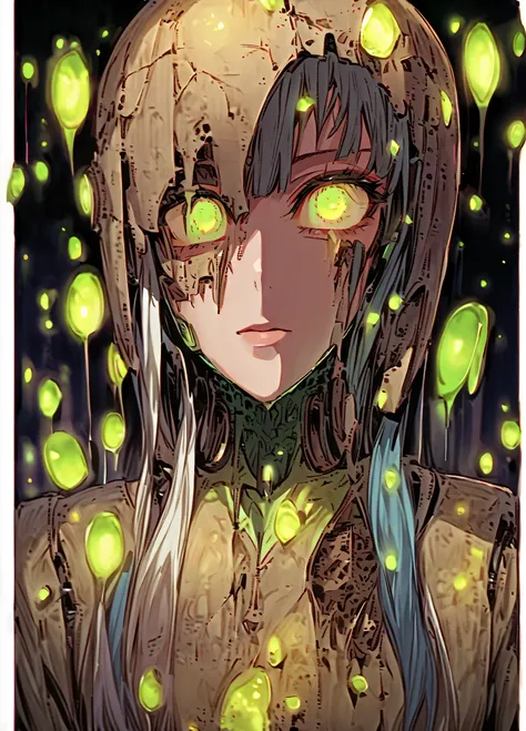 enistyle, aidmaillustrious,
a swarm of glowing fireflies forming the shape of a broken android, its hollow head cracked open, with tiny lights spilling out and reshaping its face constantly