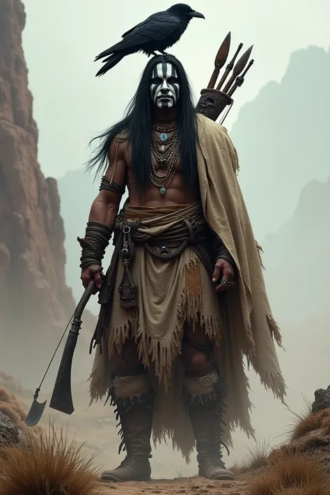 gunslinger Indian, black hair and long,  wearing a cover, with black and white face paint, a bow, 2 Machado, a rifle on his back and a raven stuffed on his head with the RPG-style image inspired by the movie " the lone knight"