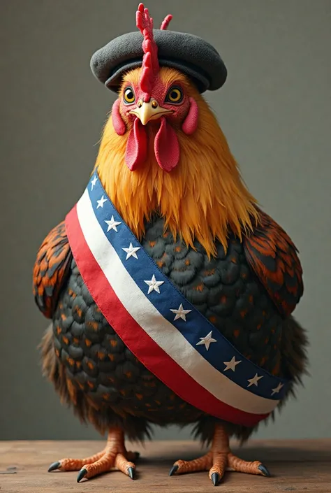 Create an image of a chicken with a beret and with the presidential band 