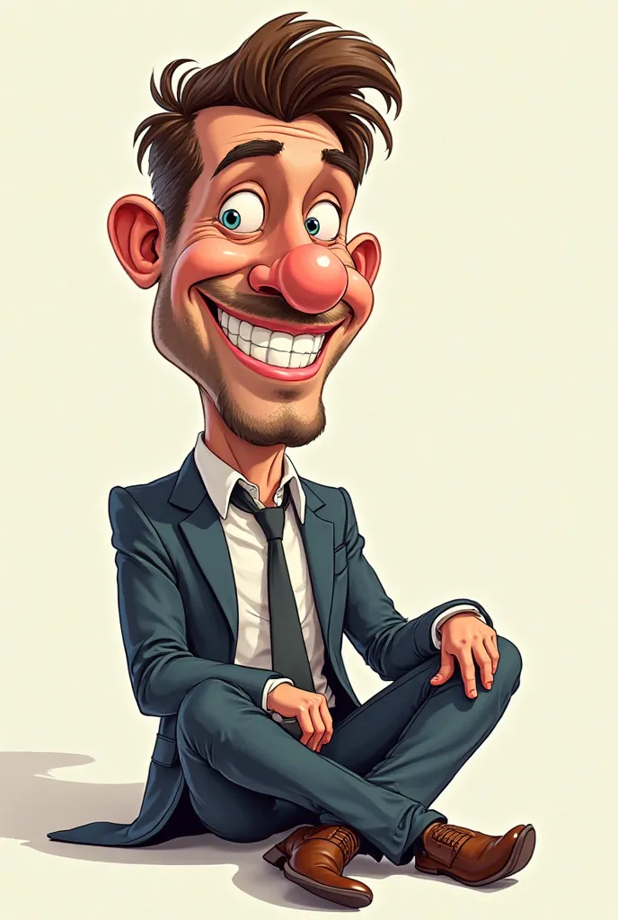 man smiling, Sitting, in formal suit, In the form of a comic cartoon, with exaggerated facial features such as the nose and the smile