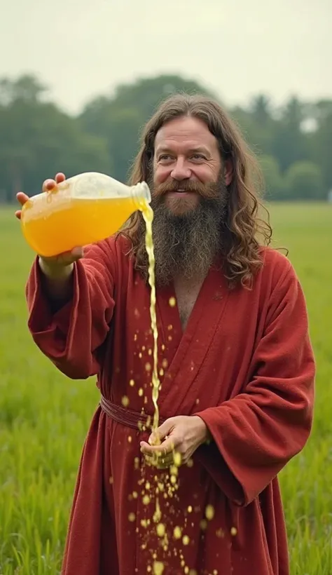 A man with long hair and a beard,  wearing a red robe , is in a lush green field during the day. He has a fun and relaxed expression, while pouring yellow liquid from a plastic bottle, creating a dynamic effect with liquid falling into the air. The scene t...