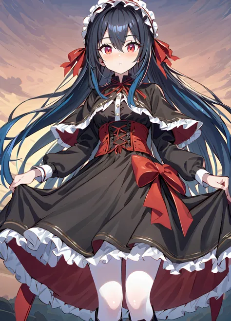 masterpiece,best quality,yatsukihiyori,1girl, solo, april01, long hair, black hair, frills, red eyes, black dress,hair between eyes, corset, pale skin, frilled dress, knee boots, blue hair, hair ribbon, long sleeves, very long hair, black footwear, white p...