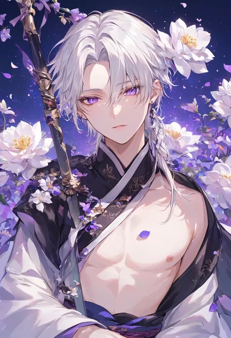 "A serene yet mysterious atmosphere envelops him. His appearance is youthful and elegant, with pale skin and long, silken white hair, intricately braided with a few loose strands framing his face. He wears a traditional hanbok-style outfit, but in deep, en...