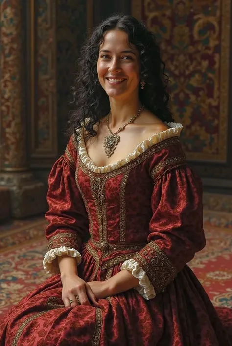 Woman middle age 14th century luxurious dress, curly black hair 40 years old, smiles and kneels