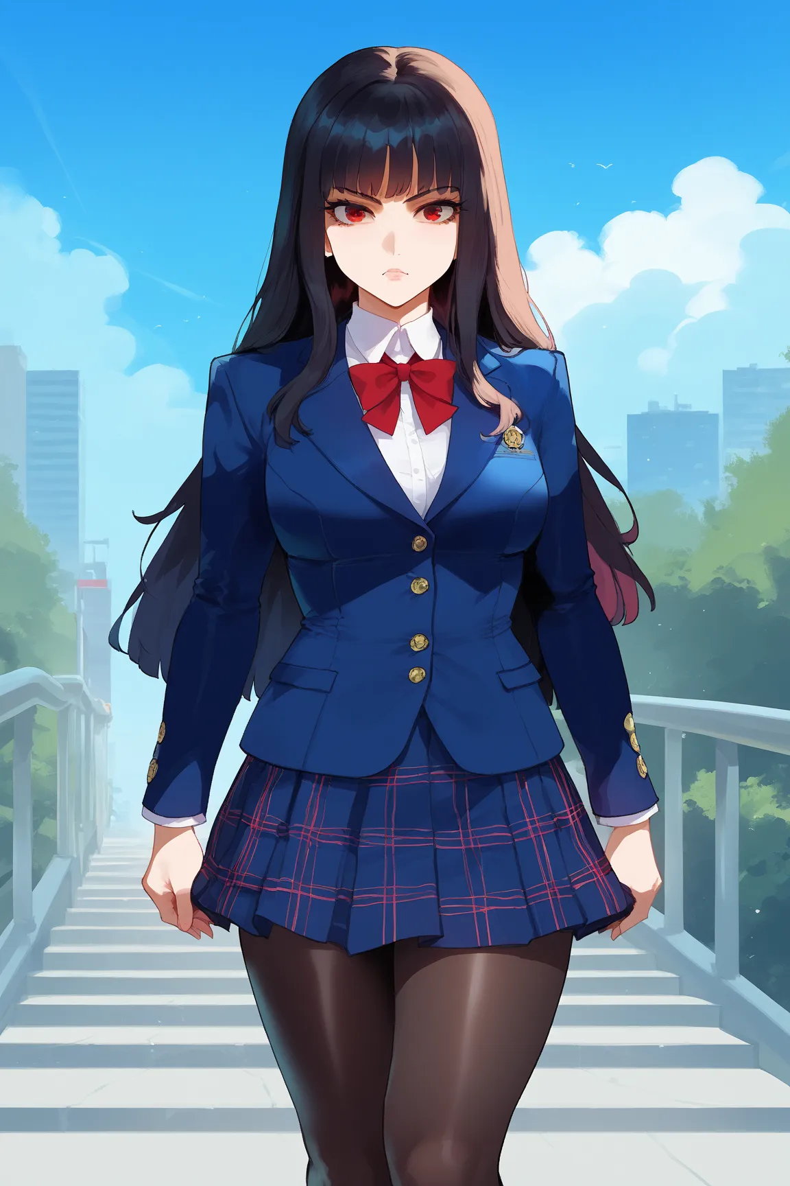 an anime woman in a suit and skirt with a serious face, 1girl, sana sunomiya, solo, black hair, hime cute, red eyes, pantyhose, skirt, long hair, shoes, sky blue school uniform, jacket, black pantyhose, standing up