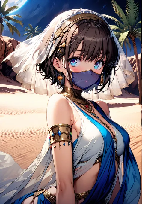  score_9,  score_8_up,  score_7_up,  source_anime, Tomoe Koga,  short hair, brown hair,  blue eyes, smile,blush,hair clips,Arabian clothing,  dancer , mouth Veil, belly Dancing, Veil, armlet,,  desert,  oasis, palm tree, Bare legs,water,  stage,Dancing,nig...