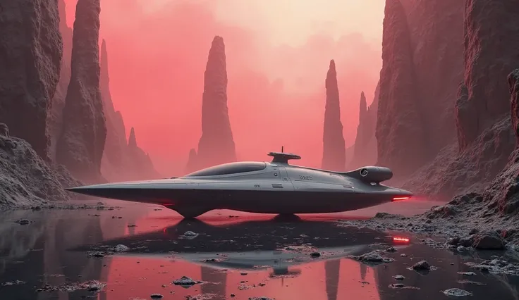 A small ship (100 ft long, gray) rests on shiny black stone. Tall, curved rock pillars (50 ft high) rise around. Red mist swirls thickly above, simple design, high quality