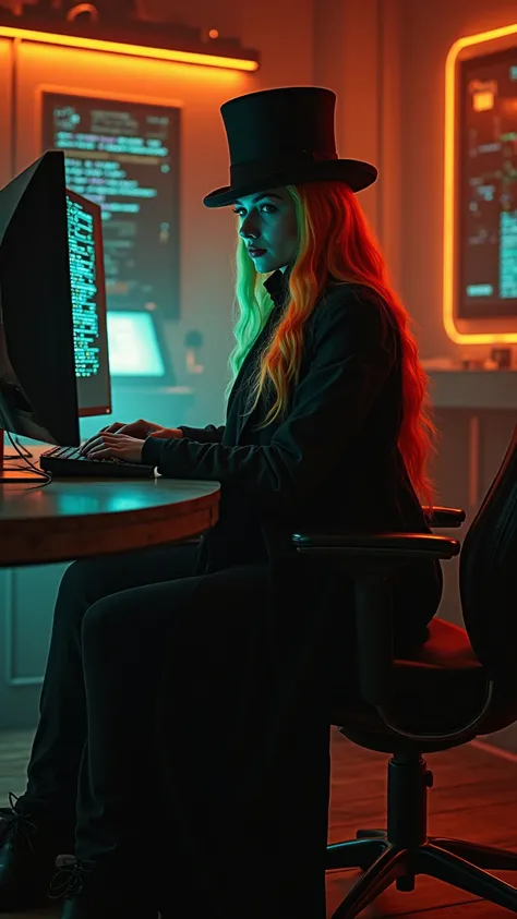 "Um hacker HOMEM , enigmatic, in cyberpunk style from the years 2025, inspired by the character Neo from Matrix. She is wearing a long elegant black overcoat and a top hat, with hair falling down to the shoulders neon ORANGE. He is holding a STATE-OF-THE-A...