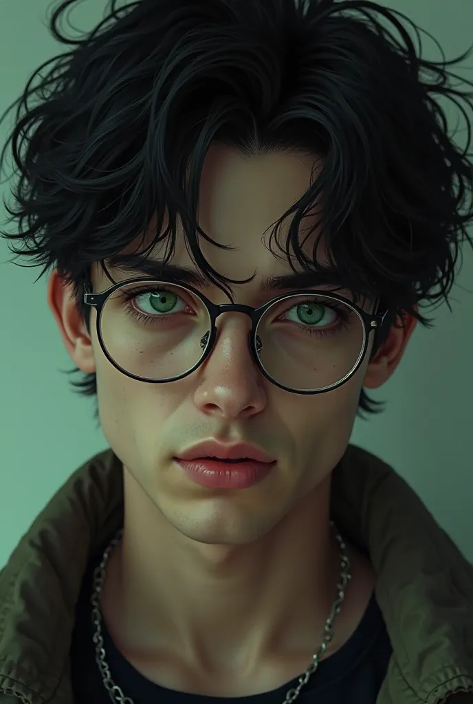 23-year-old man with disheveled black hair with green eyes and thin transparent glasses with intimidating eyes 