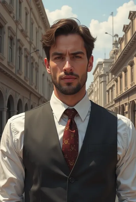 there is a man wearing a vest and tie standing in front of a building, a picture inspired by Jorge Jacinto, tumblr, realism, with accurate face, 2 , john jude palencar, selfie photo, 2 , 2 , frontal picture, front profile!!!!, 2 , 2 