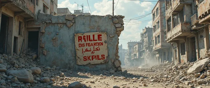 Destroyed wall, with part fallen and a poster with the words "Stay calm and protect yourself. We're going to win". City destroyed by war.