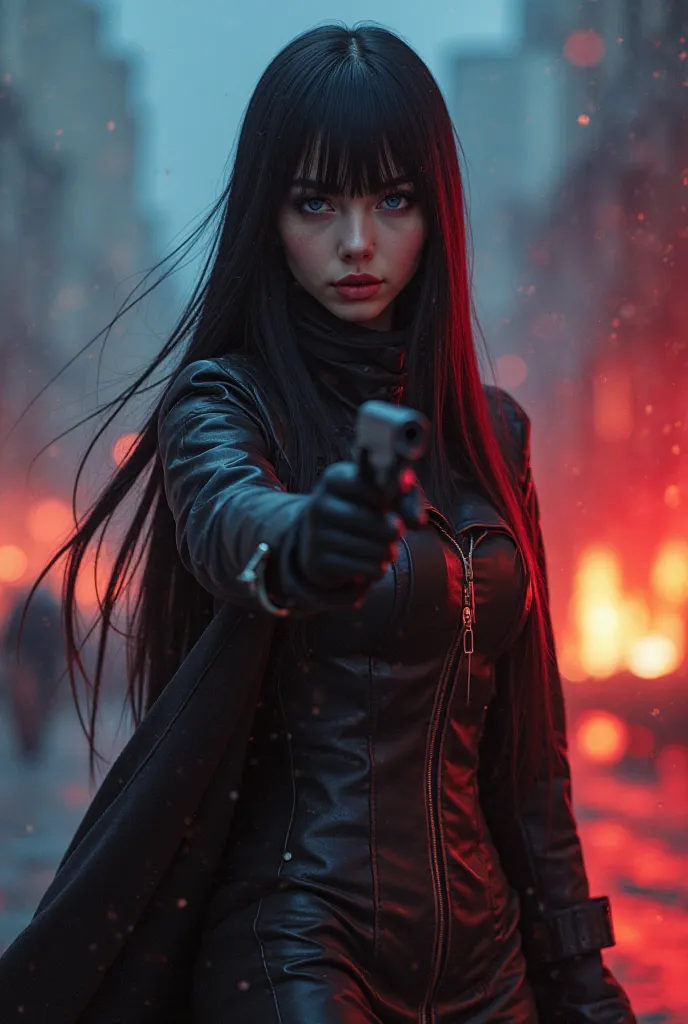 beautiful young Russian woman 20 years old with long straight black hair, without bangs, and blue eyes, with a black leather dress and a knee-length leather coat, very large breasts and small waist, hourglass body, high leather boots, holding a gun, pointi...