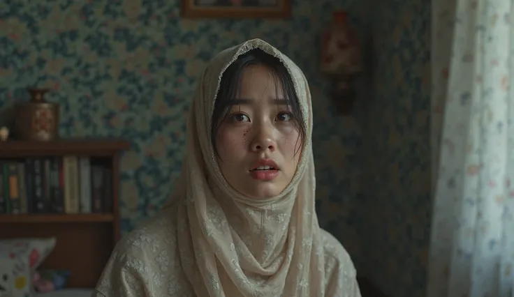 a beautiful 18 year old Asian woman in hijab is crying and gagging in her aesthetic room