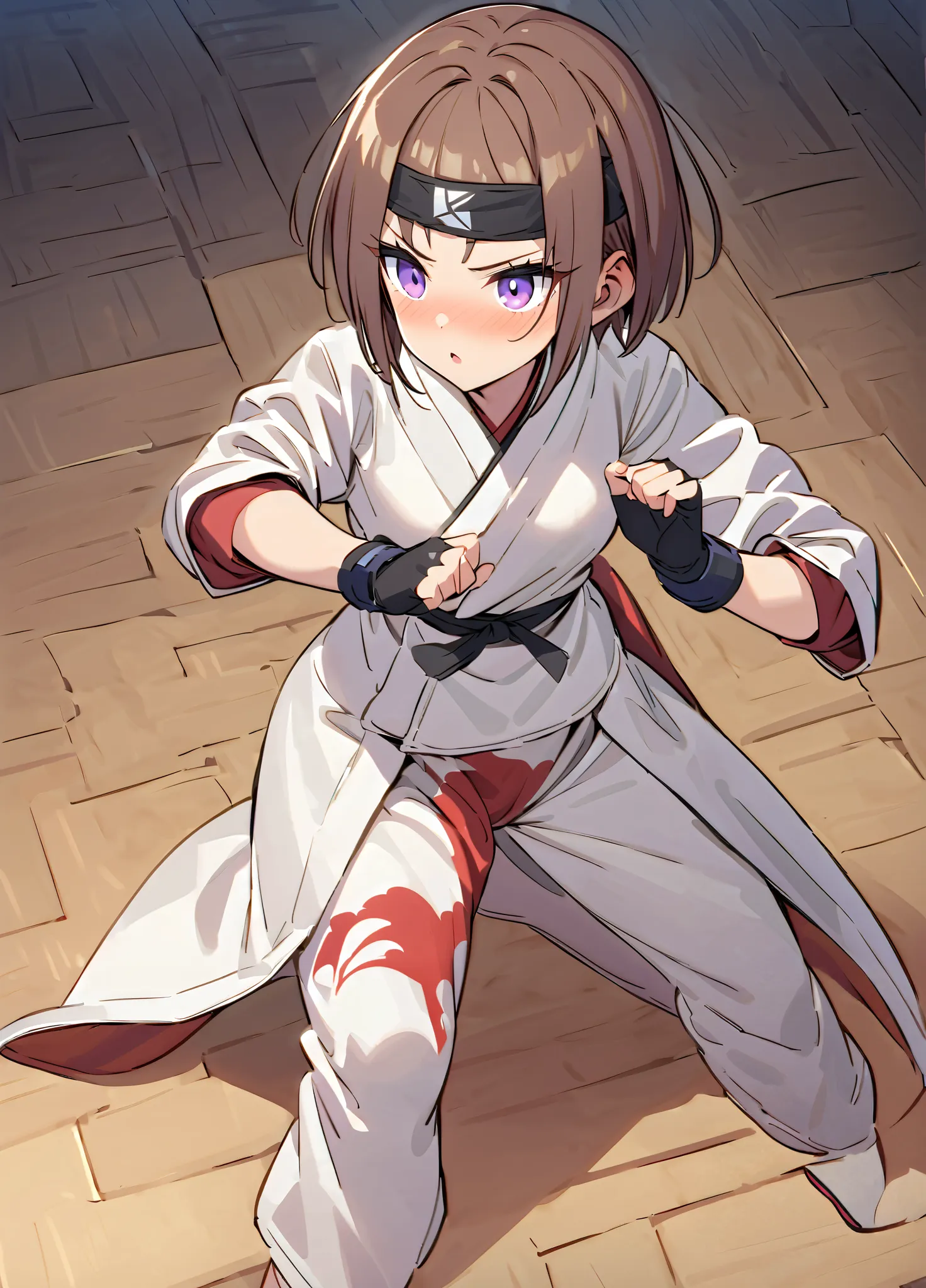 masterpiece,best quality,yatsukihiyori,solo, 1girl,kannakirishima,headband, short hair, brown hair,purple eyes,gloves,  fingerless gloves, dougi, print pants,martial arts belt,karate gi,red underwear,