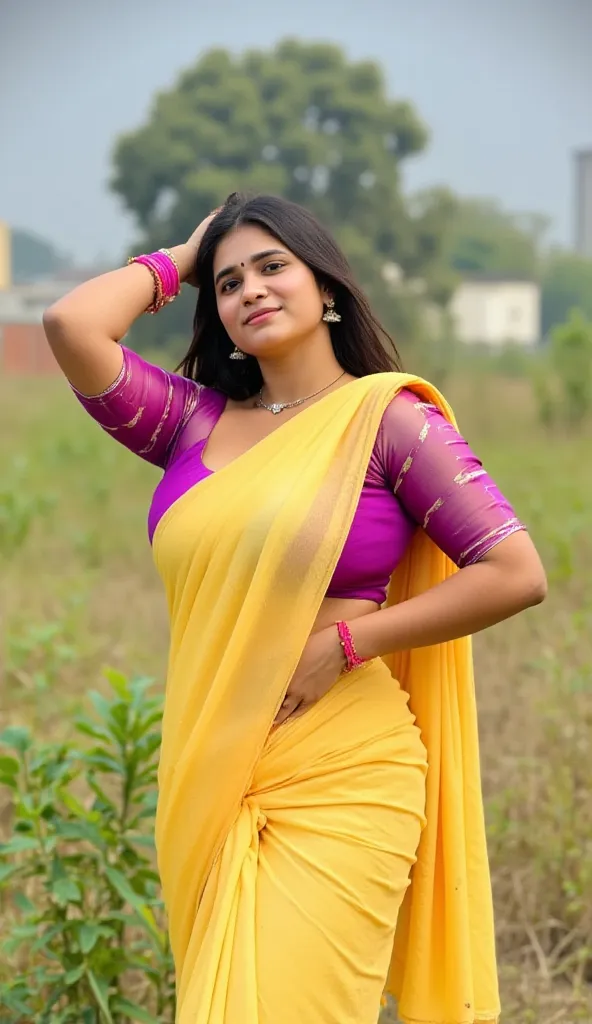 ((full body, curvy figure)), ((Indian milf, indian woman, milf)), (((ultra realistic))) Photo, masterpiece, top quality, (pale skin), (Ultra detailed face and eyes:1.2), 1 girl, Adult, ((in one size too small saree)), strapless saree blouse, ((very heavy e...