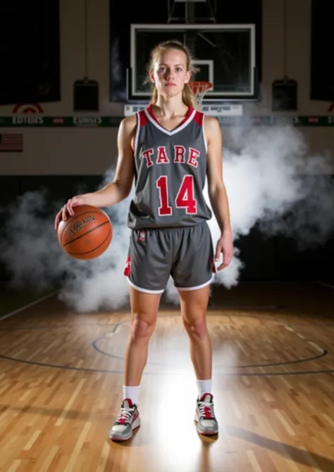 

Create an image of a young  blonde basketball player on an indoor court. She is wearing a dark gray basketball uniform with red and white details, with the number 14 in the front. The player holds a basketball in her right hand,  in a confident . 

The s...