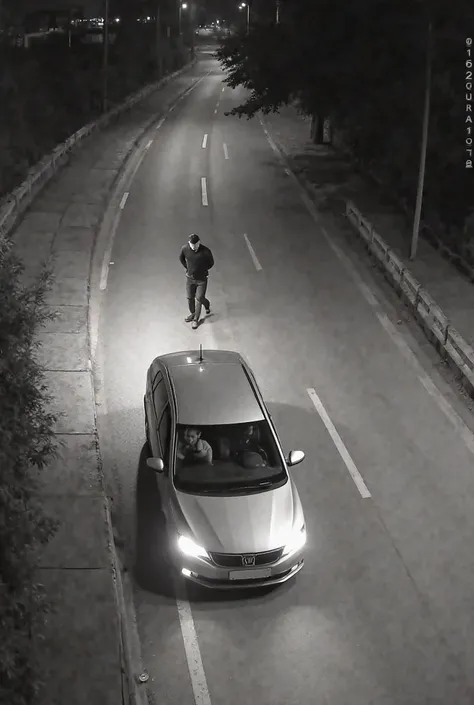 Black and white image from the surveillance camera, shot at night near school. In the center of the frame is a road, glasses along which the car is moving. The driver in the car wears, 21 years old he looks forward. A pedestrian guy in a work suit is walki...