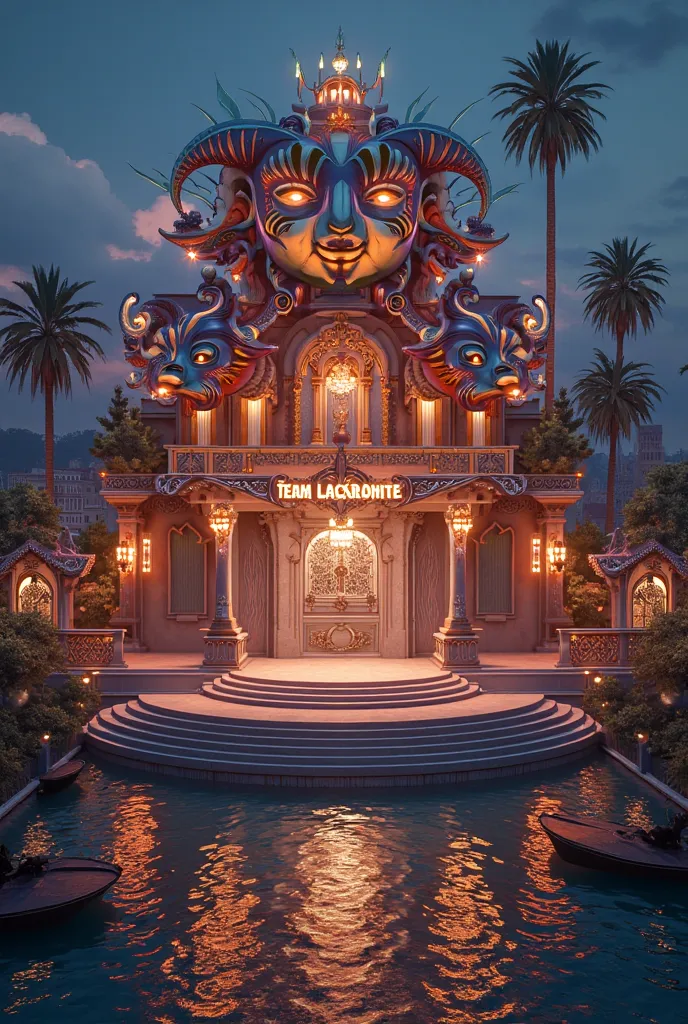 Create a very large, multi-storey stage over Lake Venice with a Venetian carnival theme, with harlequins and huge masks with a shiny sign that says TEAM LACRONTTE, the weather should be at night, luxurious and majestic with panoramic views 