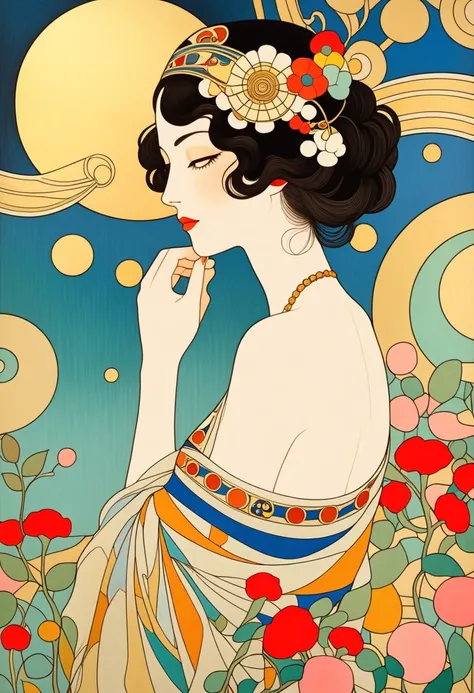 Masterpiece Paintings, wonderful, Graceful and sensual woman,   Gustav Klimt  :   art nouveau style , George Barbier  : Art Deco style,   flat illustration  , looks sleepy, {{kiss, Open back, Paul Klee:   Abstract Style  ,  BEAUTIFUL JAPANESE WOMAN, from b...