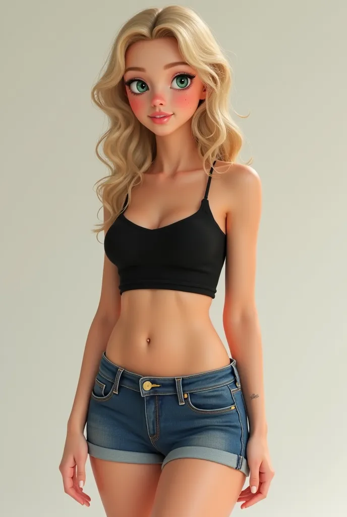  Generate an image of a thin girl,  FLAT ABDOMEN , small waist, dark green eyes and blond hair with freckles

Denim shorts and black top