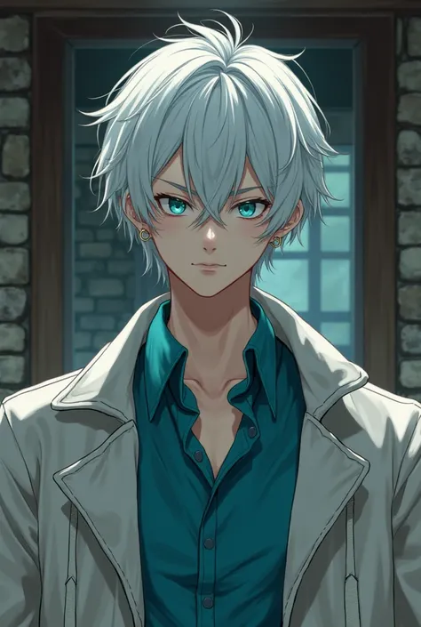 A anime guy with white hair, dark aqua eyes, and a elegant cyan shirt, whit a raincoat With a Serius expresion in a stone house
