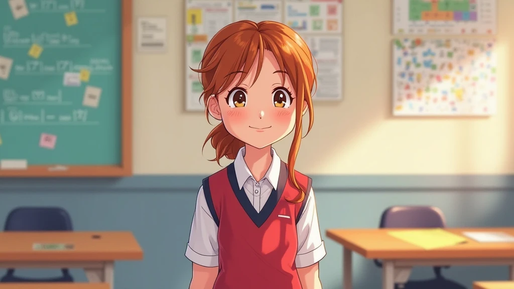 Create a character named Sofia, a 15-year-old student wearing a red and navy blue school uniform, 2D anime FOR A VIDEO GAME IN SCRATCH