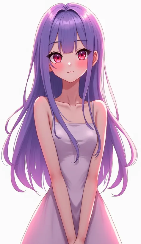 Cute girl，2D Anime Character Edition，Purple long hair，Bright red eyes，Adult Full Body Figure，The mouth is very small，Super fair skin，The expression is super shy