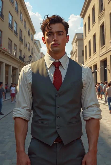 there is a man wearing a vest and tie standing in front of a building, a picture inspired by Jorge Jacinto, tumblr, realism, with accurate face, 2 , john jude palencar, selfie photo, 2 , 2 , frontal picture, front profile!!!!, 2 , 2 